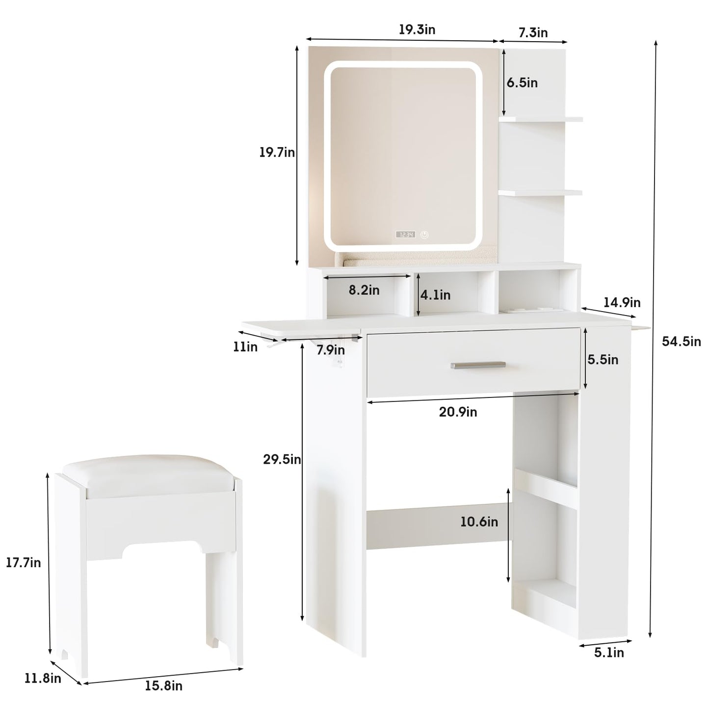 Fameill Vanity Desk with Mirror and Lights, Small Makeup Vanity with Drawer & Lots Storage Shelves, White Vanity Table with Charging Station & Time Display, Vanity Set with Chair, for Bedroom - WoodArtSupply