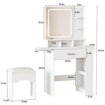 Fameill Vanity Desk with Mirror and Lights, Small Makeup Vanity with Drawer & Lots Storage Shelves, White Vanity Table with Charging Station & Time Display, Vanity Set with Chair, for Bedroom - WoodArtSupply