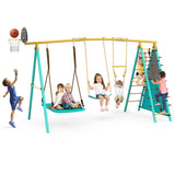 Jocoevol Swing Set for Backyard, Heavy-Duty Metal Swing Sets for Kids with 2 Swings, Climbing Ladder and Nets,Trapeze Bar, Soccer Goals and Basketball Hoop Up to 660lbs Jocoevol