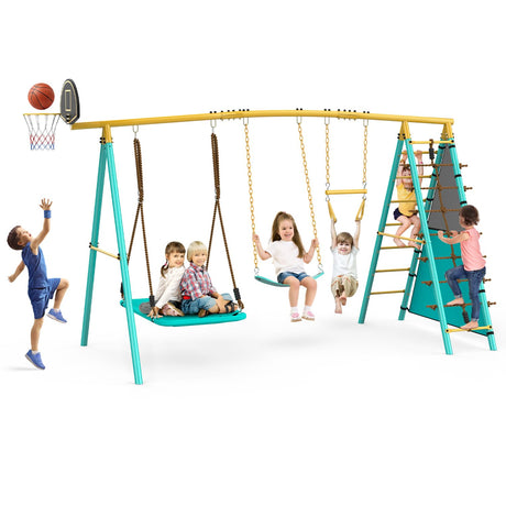 Jocoevol Swing Set for Backyard, Heavy-Duty Metal Swing Sets for Kids with 2 Swings, Climbing Ladder and Nets,Trapeze Bar, Soccer Goals and Basketball Hoop Up to 660lbs Jocoevol