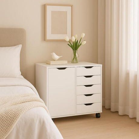 5-Drawer Dresser with 2-Shelf Cabinet, White, Smart Storage, Streamlined with Adjustable Dividers, Lockable Casters & Smooth Slides; Multi-Use Rolling Storage for Office, Craft Room, Bedroom Naomi Home