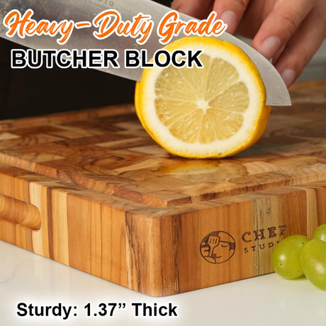 Chef Studio Large Teak Wood Cutting Board, End Grain Butcher Block Cutting Board For Kitchen, Big Wooden Kitchen Carving Chopping Boards, Juice Groove, Reversible, Hand Grips, Size 15.8x11x1.37 inch Chef Studio