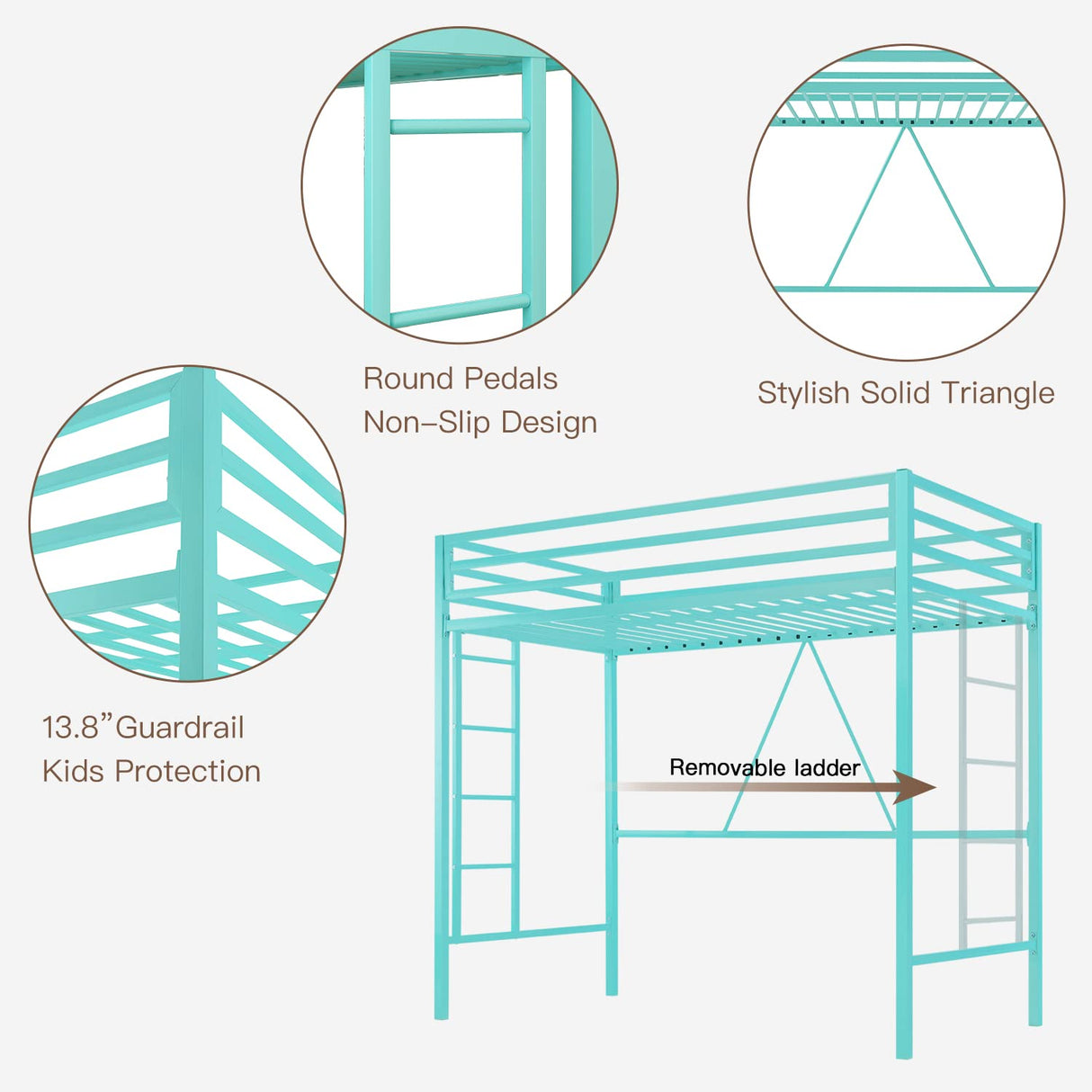 ikalido Aqua Green Twin Metal Loft Bed with Safety Guard, Removable Ladder, and Space-Saving Design ikalido