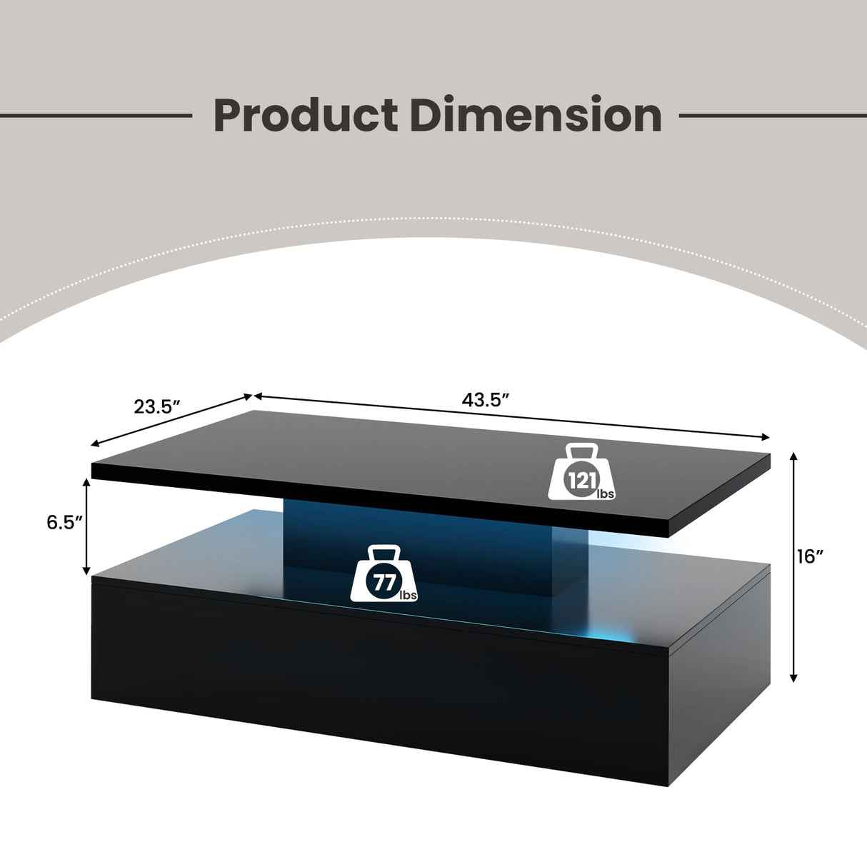 Tangkula LED Coffee Table, Modern High Gloss Coffee Table w/ 20-Color LED Lights, Adjustable Speed & Brightness, Remote Control, Open Shelf, 2-Tier Rectangle Living Room Center Table (Black) Tangkula