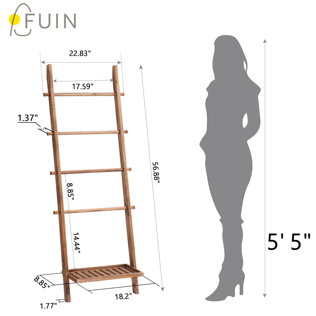 FUIN 5ft Wood Blanket Ladder with Bottom Shelf for Living Room Decorative Wall Leaning Farmhouse Quilt Display Holder Storage Rustic Wooden Towel Rack for Bathroom, Light Brown FUIN