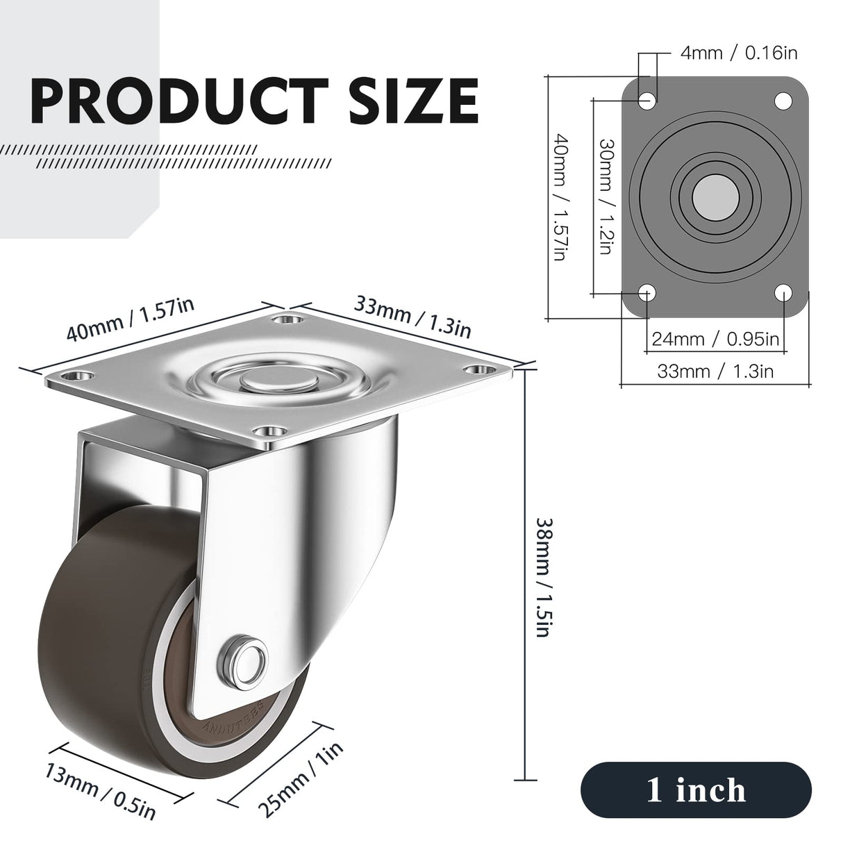 ANDUTEES 1 inch Caster Wheels Set of 4, Low Profile Wheels for Furniture, No Noise Mini Swivel Rubber Casters, with 360 Degree Top Plate for Small Furniture ANDUTEES