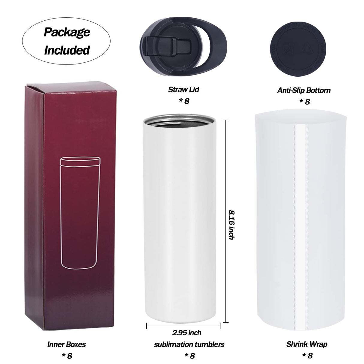 8 Pack Sublimation Tumblers Bulk, 20 OZ Skinny Straight Sublimation Sports Tumbler Blanks, Double Wall Stainless Steel Sublimation Water Bottle Bulk with Portable Handle, Individually Micellwuu