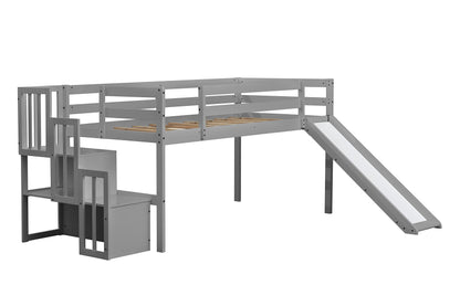 Olela Twin Loft Bed with Stairs and Slide - Grey Low Profile Solid Wood Design - WoodArtSupply