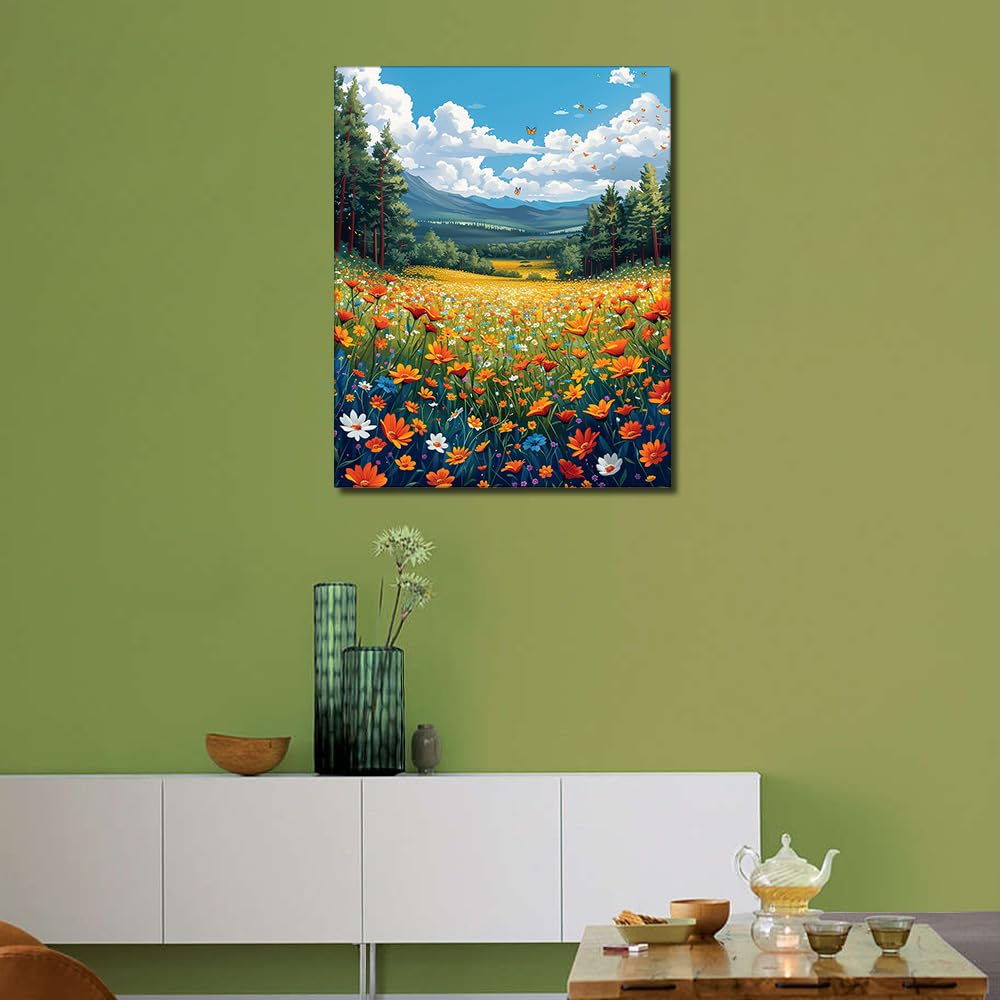 Paint by Numbers Kit for Adults, Beautiful Meadow Painting by Numbers with Paintbrushes and Acrylic Pigment, Flowers in the Mountains Paint by Numbers Kit for Adults Beginner 16x20 Inch Frameless TUMOVO