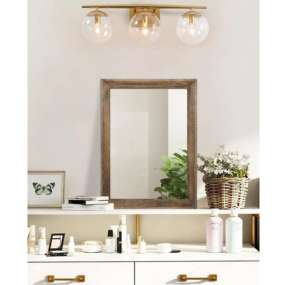 AAZZKANG Rustic Wood Mirror Rectangle Decorative Wall Mirrors with Frame for Bedroom Living Room Bathroom Entryway Hanging Small Brown AAZZKANG