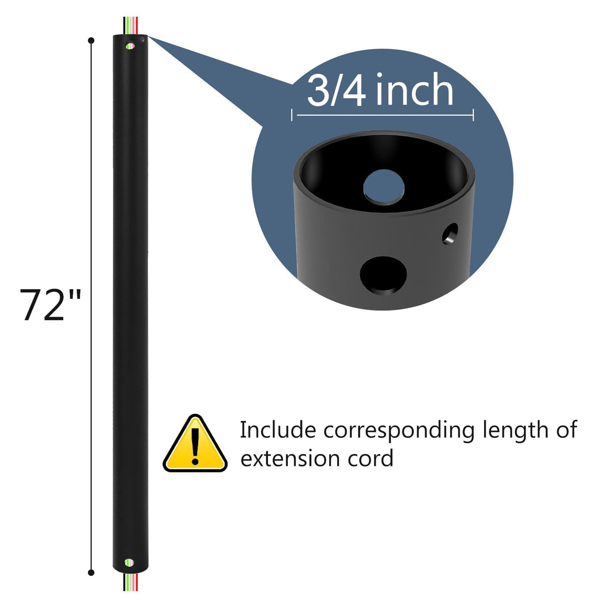 BOOSANT 72 INCH Ceiling Fan Downrod With Extended Wires,Extension Rod Only Ceiling Fans Compatible, Not Threaded(Black) BOOSANT