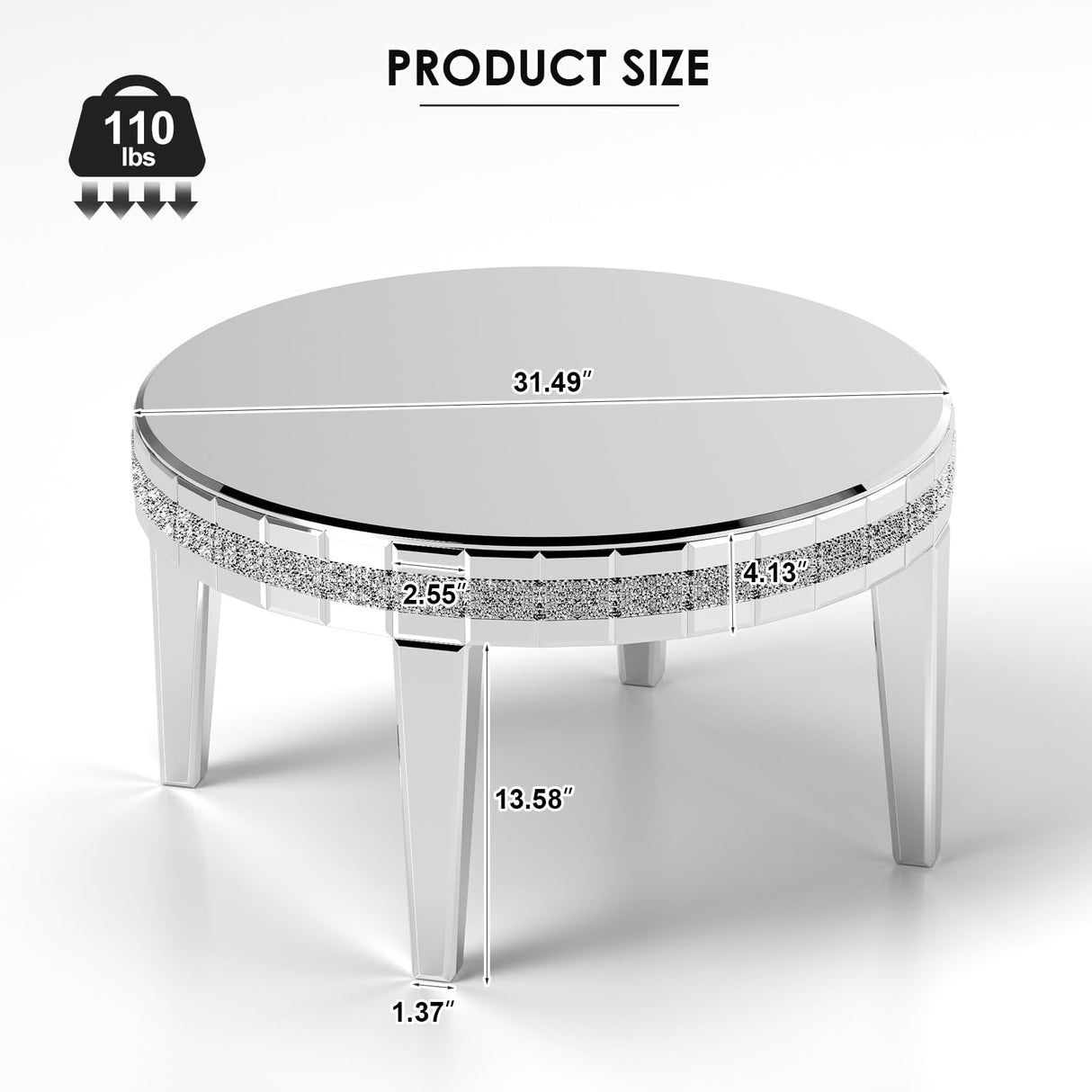 COSVALVE Silver Coffee Tables for Living Room Round with Luxury Mirror Surface, 31.5 Inches Mirrored Coffee Table with Legs & Crystal Inlay, Center Table Cocktail Table for Reception COSVALVE