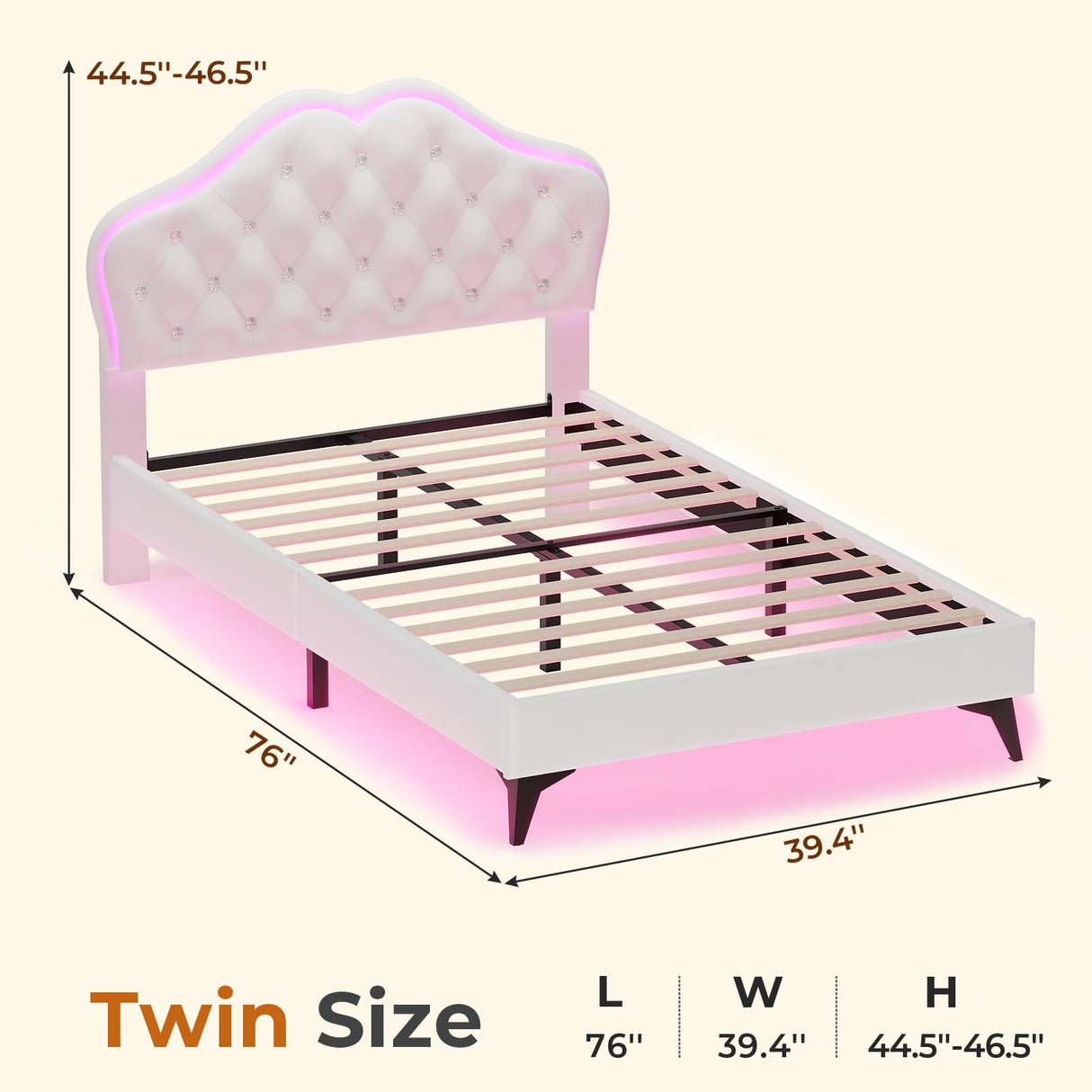 ADORNEVE Twin Bed Frame with RGB LED Lights, Princess Bed Frame with Adjustable Crystal Button Headboard, Velvet Upholstered Platform Bed for Girls, Solid Wooden Slats, Easy Assembly, Creamy White ADORNEVE