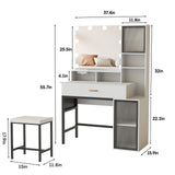 Fameill Vanity with Mirror and Light, Makeup Vanity Desk with 3 Color Lighting, White Vanity with Charging Station and Clothes Hook, Large Vanity Set with Lots Storage, Black Metal Frame Fameill