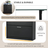 Slim Entryway Shoe Cabinet with 2 Flip Drawers, Modern Tempered Glass Top Shoe Storage Organizer with Drawer and Open Shelves, Free Standing Shoe Rack with LED Light for Hallway,Living Room,Black Goujxcy