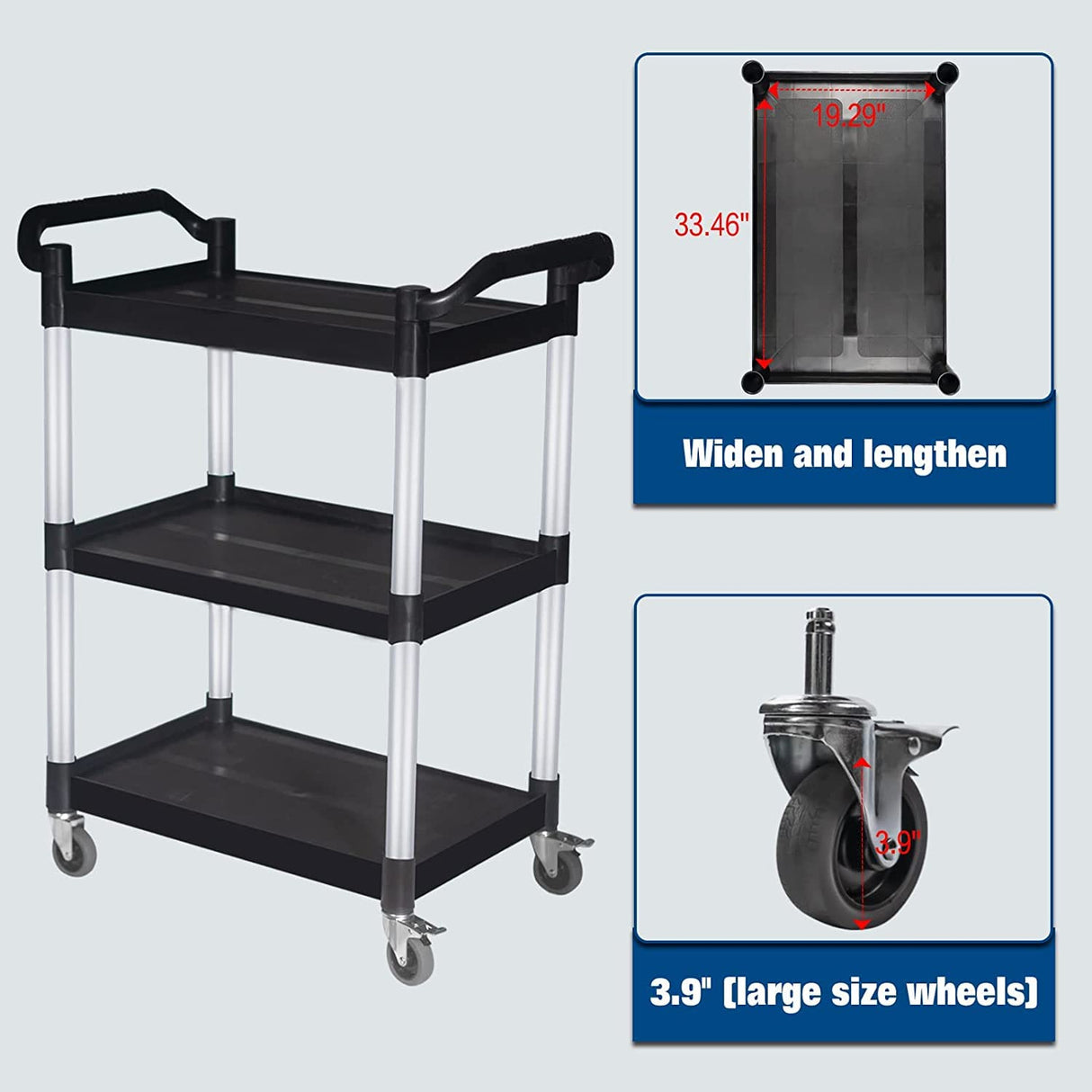 FIHUTED Service Cart with Wheels Lockable Large Size, Plastic Restaurant Cart Heavy Duty, Utility Commercial Cart for Office, Warehouse, Foodservice,40.1" L x 19.2" W x 38.5" H. Black (Large) FIHUTED