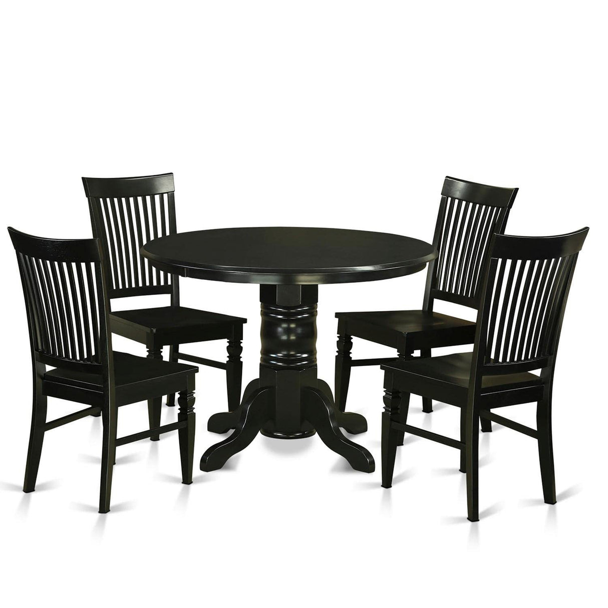 East West Furniture SHWE5-BLK-W 5 Piece Dining Room Furniture Set Includes a Round Dining Table with Pedestal and 4 Wood Seat Chairs, 42x42 Inch, Black East West Furniture