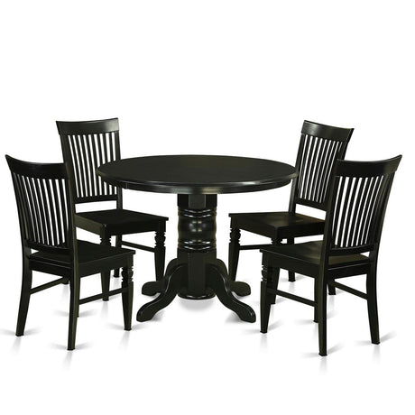 East West Furniture SHWE5-BLK-W 5 Piece Dining Room Furniture Set Includes a Round Dining Table with Pedestal and 4 Wood Seat Chairs, 42x42 Inch, Black East West Furniture