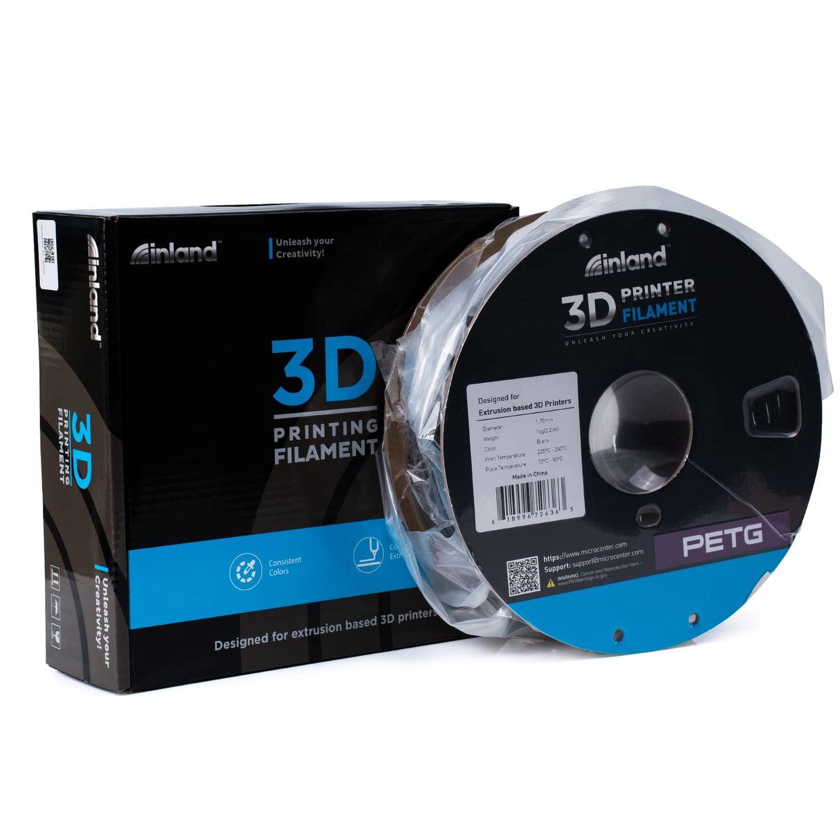 Inland Micro Center PETG Filament 1.75mm, Black - 1KG Spool - Dimensional Accuracy +/- 0.03mm INLAND