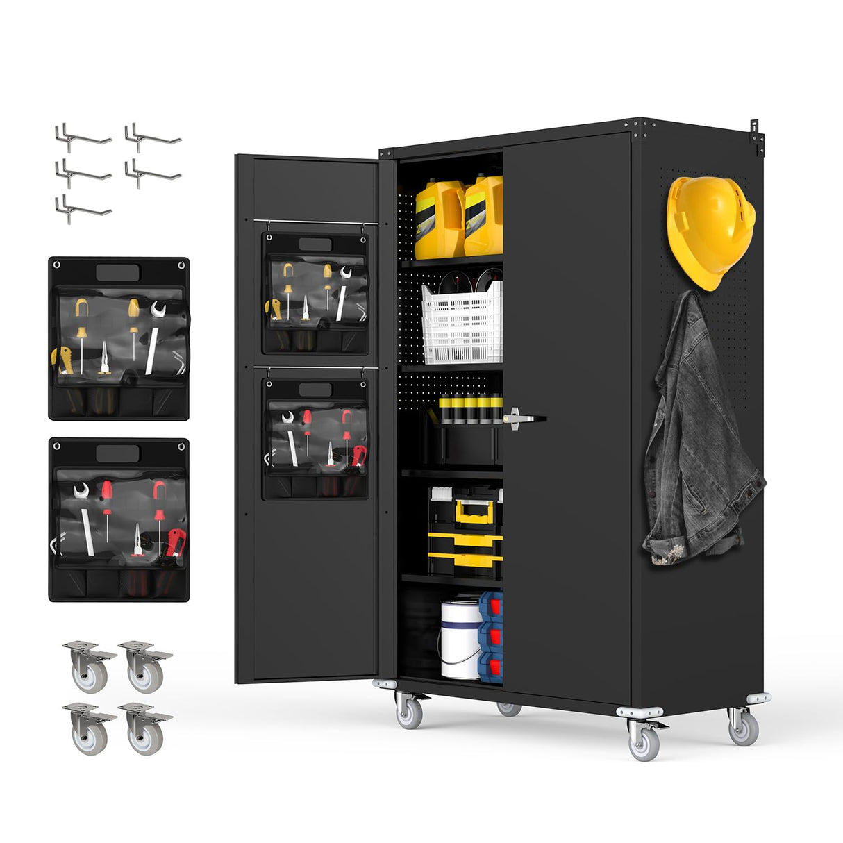 Reykilor Tall & Wide Metal Garage Storage Cabinet with 4 Adjustable Shelves, 43''W x 22''D x 72''H with Wheels & Pegboards, Heavy Duty Lockable Garage Cabinet for Warehouse, Basement, Office, Gym Reykilor