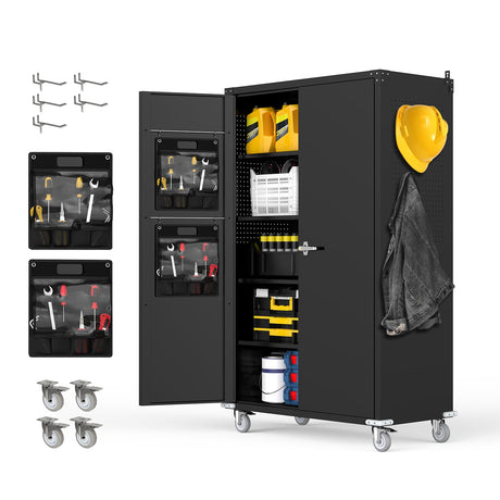 Reykilor Tall & Wide Metal Garage Storage Cabinet with 4 Adjustable Shelves, 43''W x 22''D x 72''H with Wheels & Pegboards, Heavy Duty Lockable Garage Cabinet for Warehouse, Basement, Office, Gym Reykilor