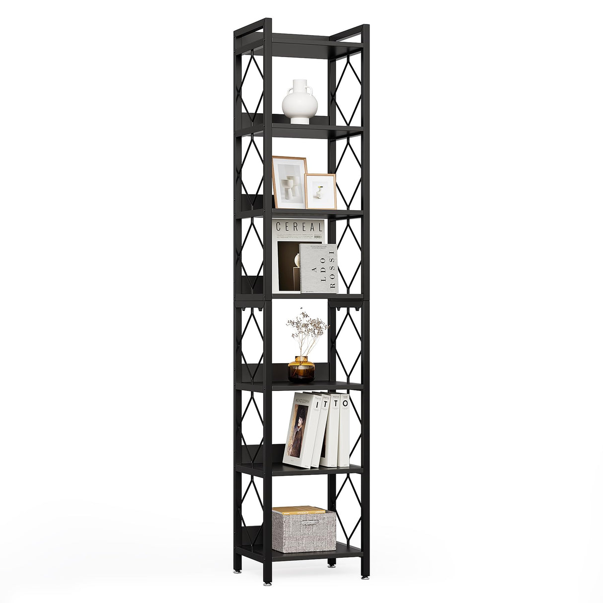 LITTLE TREE Corner Book Shelf, 7-Tier Tall Bookcase, 78" Display Shelves with Sturdy Metal Frame for Living Room, Modern Narrow Standing Bookshelves, Black Office Shelf for Small Spaces, Bedroom LITTLE TREE