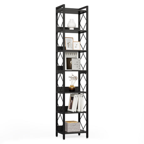 LITTLE TREE Corner Book Shelf, 7-Tier Tall Bookcase, 78" Display Shelves with Sturdy Metal Frame for Living Room, Modern Narrow Standing Bookshelves, Black Office Shelf for Small Spaces, Bedroom LITTLE TREE