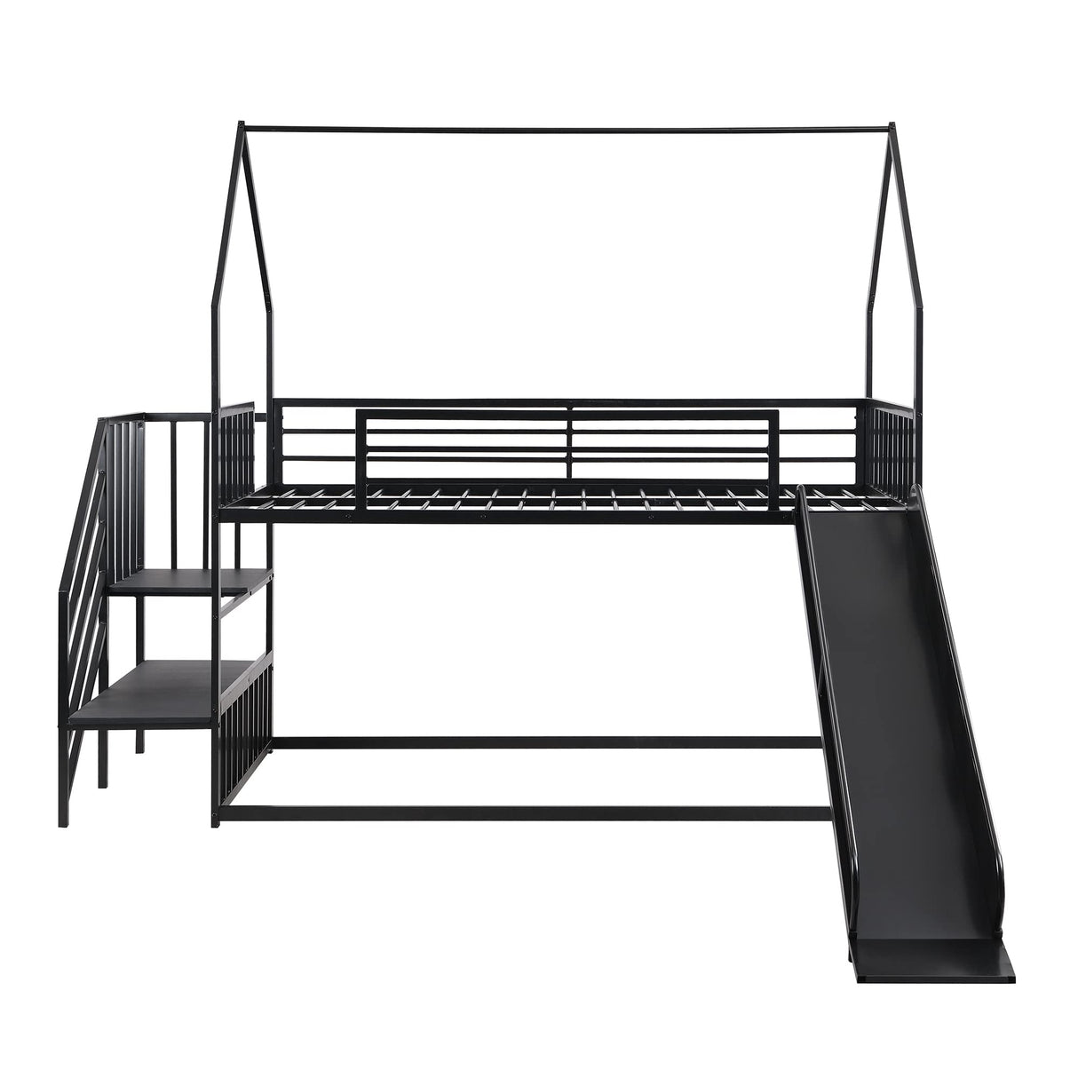 Favfurish Twin Over Twin-Size Metal Bunk Bed House-Shape-Bed with Slide and Staircase,No Box Spring Needed, Easy to Install, for Kids, Girls, Boys,Black Favfurish