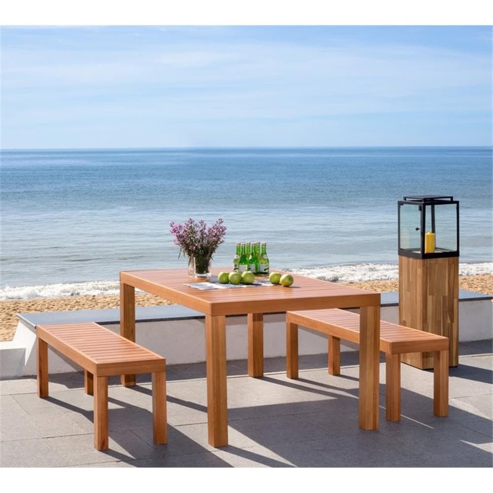 SAFAVIEH Outdoor Collection Dario Teak 3 Piece Dining Set with 59" Table and 2 Backless Benches SAFAVIEH