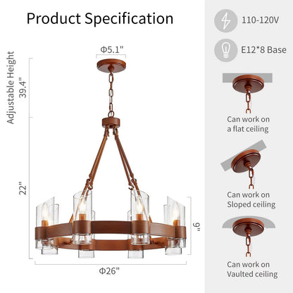 WUZUPS Wagon Wheel Chandelier 8-Light with Clear Glass Industrial Modern Farmhouse Round Light Fixture for Dining Room Kithen Island Foyer, Width 26" Height 22", Imitation Wood Grain