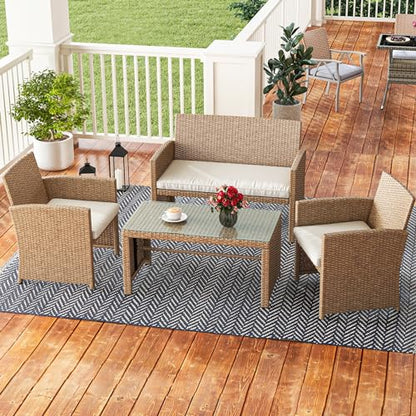 YITAHOME 4-Piece Patio Bistro Set, All-Weather Outdoor Patio Furniture Rattan Wicker Loveseat Conversation Set with Glass Side Table and Soft Cushions, Light Brown+Beige - WoodArtSupply