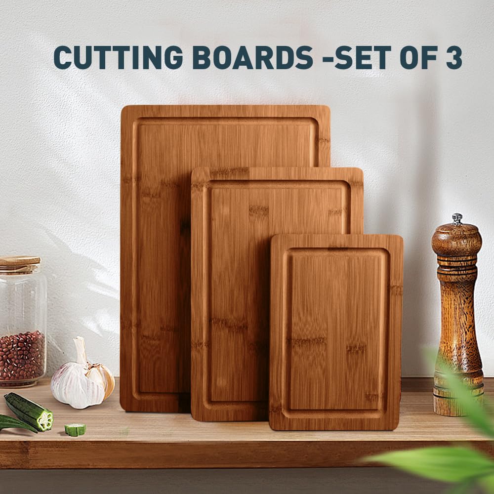 MelBell Bamboo Cutting Board Set Of 3 for Kitchen - Wooden Chopping Boards with Juice Groove - Wood Serving Board for Meat, Vegetables, Cheese MelBell