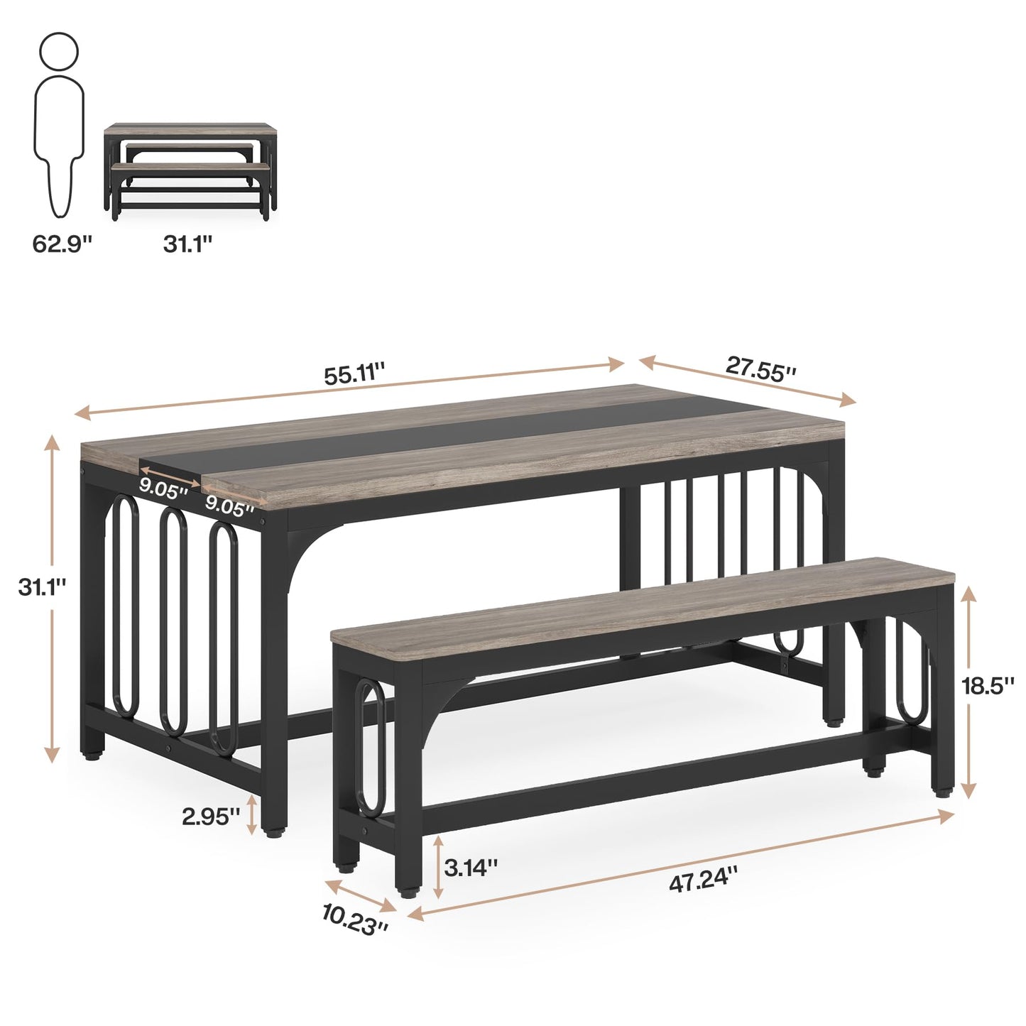 Tribesigns 55 Inch Dining Table Set for 4-6, 3-Piece Kitchen Table with 2 Benches, Space-Saving Dining Room Table Set for Home Kitchen, Restaurant, Grey