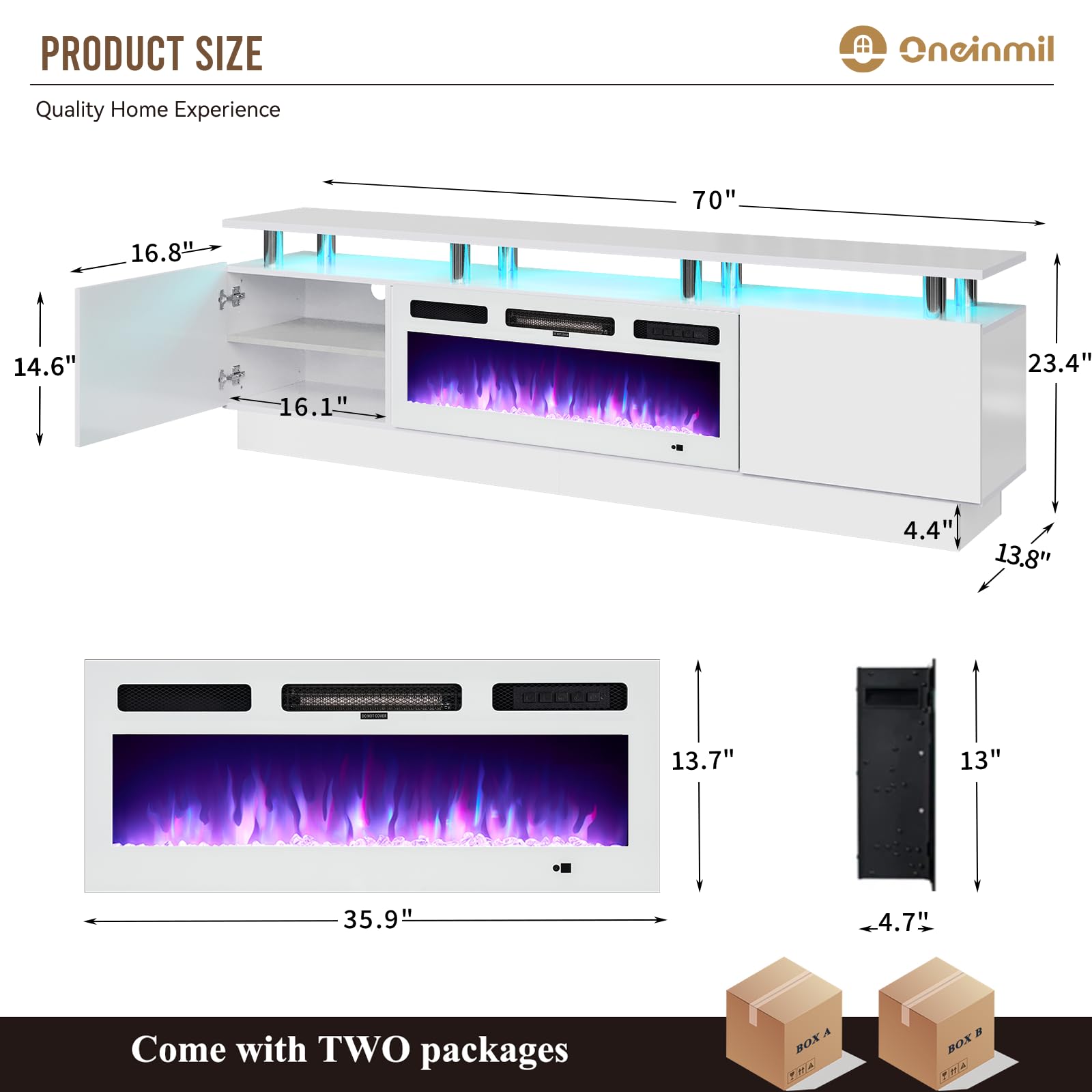 oneinmil Fireplace TV Stand with 36” Electric Fireplace, 70” 2 Tier TV Console Stand for TVs Up to 80", LED Light Entertainment Center, Fireplace for The Living Room TV Stand, White - WoodArtSupply