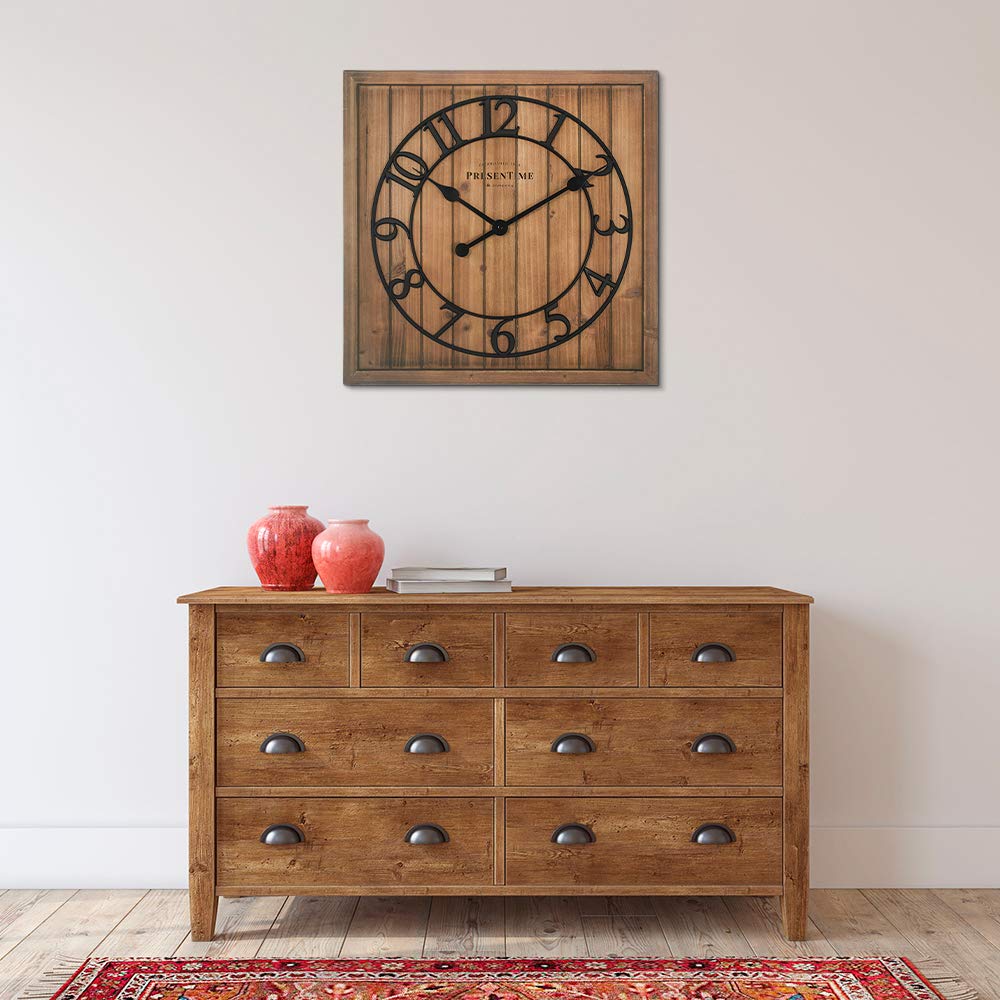 Presentime & Co 21" Farmhouse Square Shiplap Barn Door Wood Clock - Fir, Arabic Numeral. Home Decoration/Wall Decoration/Farmhouse Décor for Living Room, Dining Room, and Entryway. Presentime