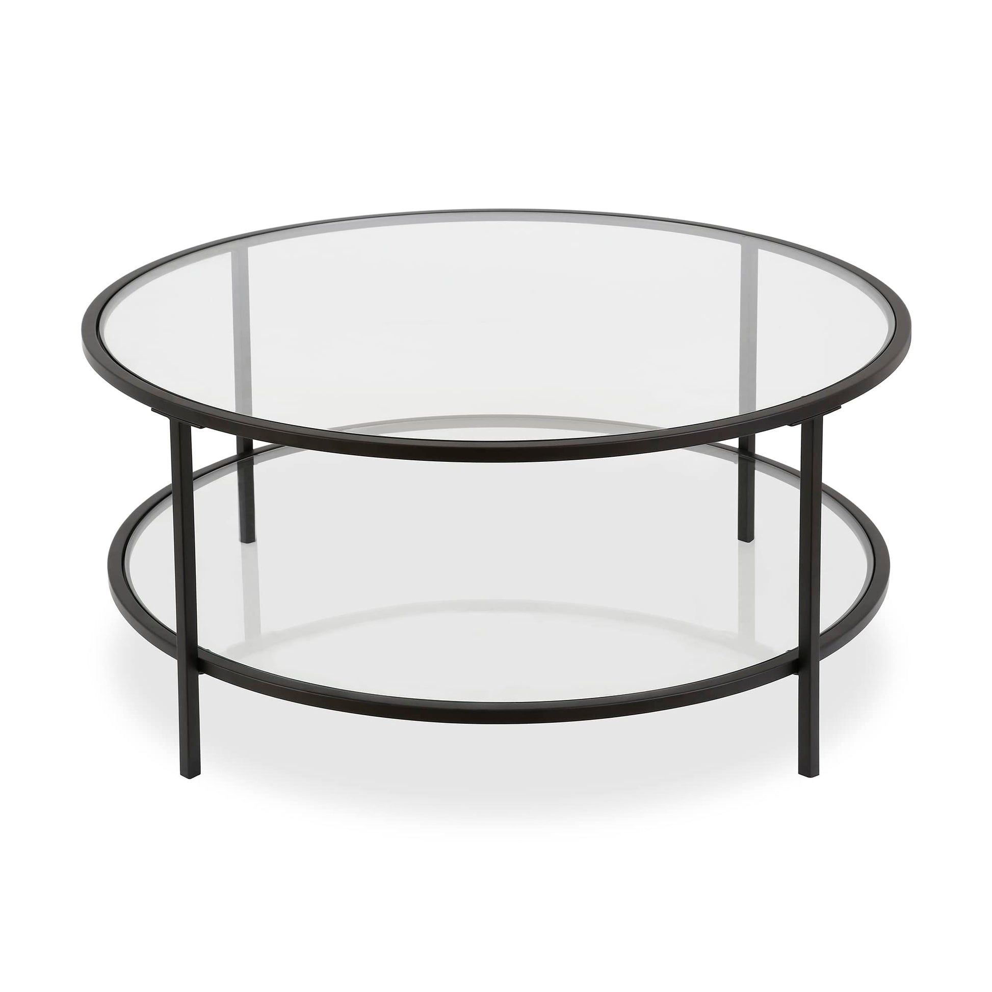 Henn&Hart 36" Wide Round Coffee Table with Glass Top in Blackened Bronze, Modern coffee tables for living room, studio apartment essentials - WoodArtSupply