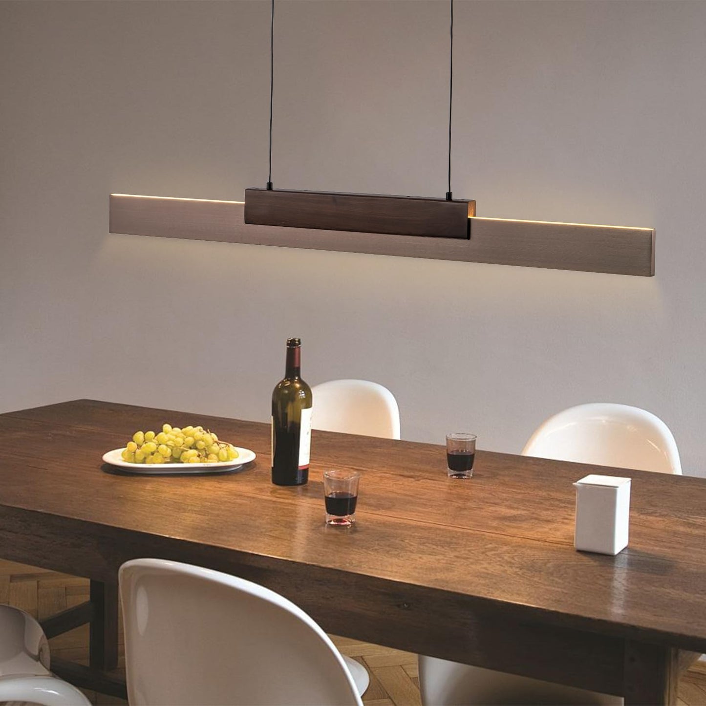 Y'INSP Modern Wooden LED Pendant Light Fixtures 47 Inch Linear Dimmable Pendant Light Height Adjustable Dining Room Light 35W Walnut Color Linear Chandelier for Kitchen Island - WoodArtSupply