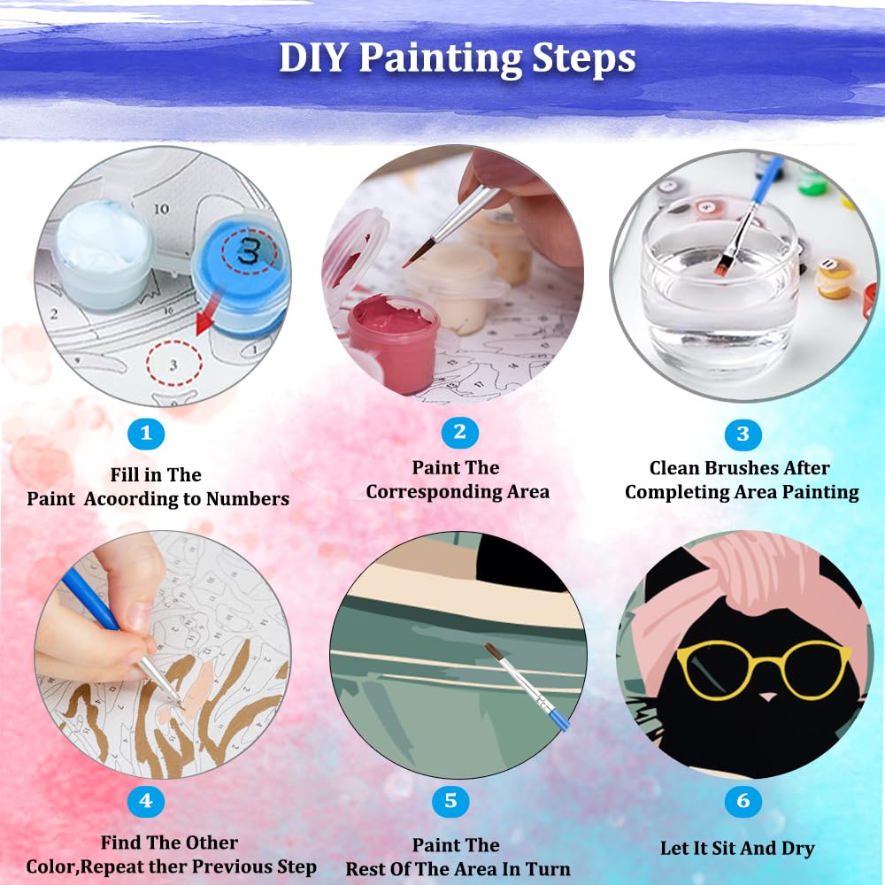 JUJUHOOD Funny Bathing Cat Paint by Numbers Kit for Adults Beginner & Kids Ages 8-12,Black Cat Paint by Number Without Easel, Simple Paint by Numbers for Gift Home Wall Decor (10x10Inch) JUJUHOOD