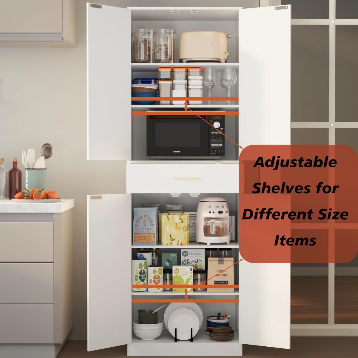 GTFURNI 71" Farmhouse Storage Cabinet with 4 Doors & Drawer, Adjustable Shelves Kitchen Pantry Cupboard, Freestanding Cabinet for Dining Room/Living Space, White GTFURNI