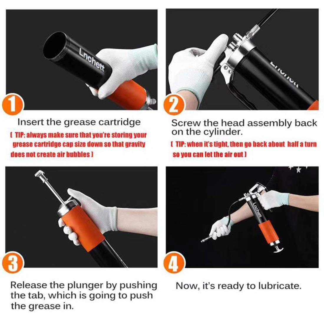 Lnchett Grease Gun with Towel, 9000 PSI Professional Heavy Duty 14 oz Pistol Grip Grease Gun with 18 Inch Spring Flex Hose, 2 Reinforced Coupler, 2 Extension Rigid Pipe and1 Sharp Nozzle Included Lnchett