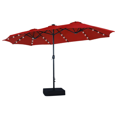 MFSTUDIO 15ft Double Sided Patio Umbrella with Solar Lights, Outdoor Large Umbrellas with Crank Handle and 36 LED Lights, Rectangular Market Umbrella with Base Included for Deck Pool, Burgundy Red