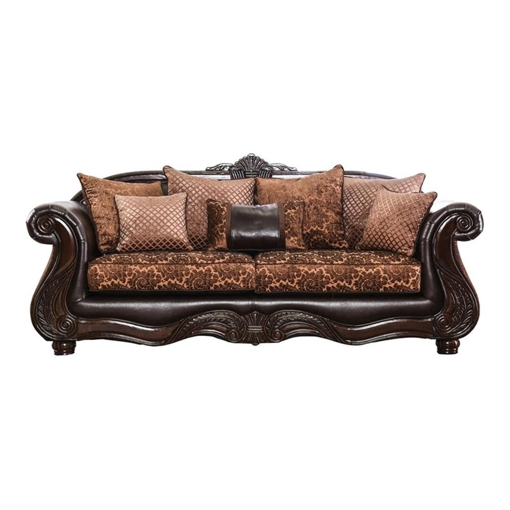 Furniture of America Eduard Traditional Faux Leather Cushioned Sofa in Brown Furniture of America
