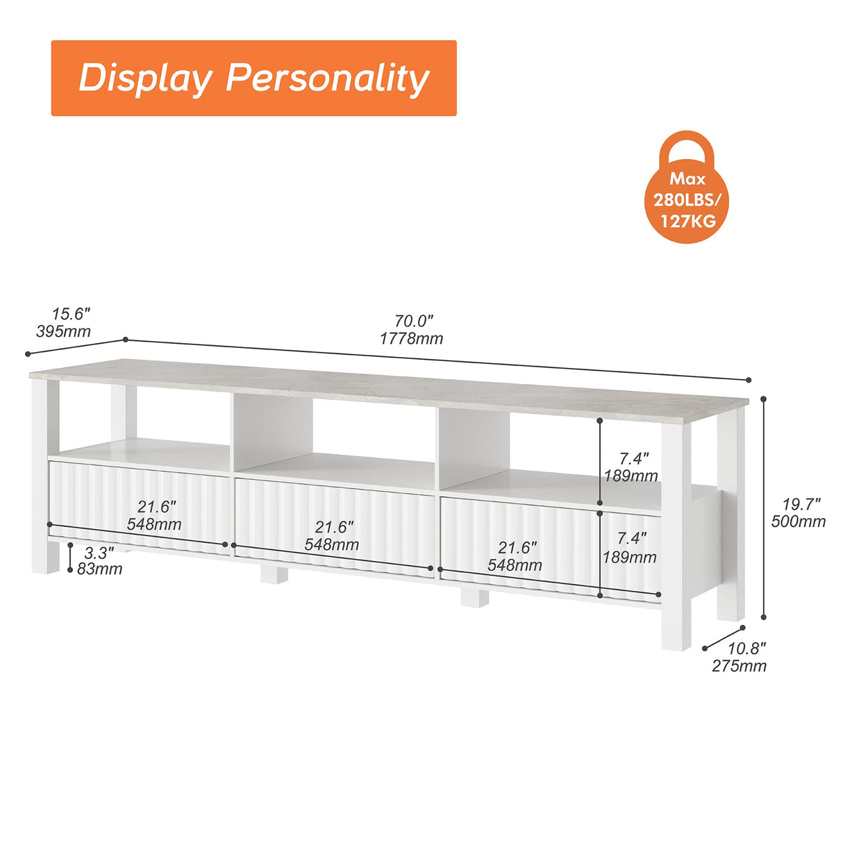 WAMPAT White TV Stand with Storage for 75 Inch TV with Blue LED Light, Modern TV Console Table for 65+ Inch TV, Entertainment Center Television Stands for Living Room Bedroom, 70 Inch WAMPAT