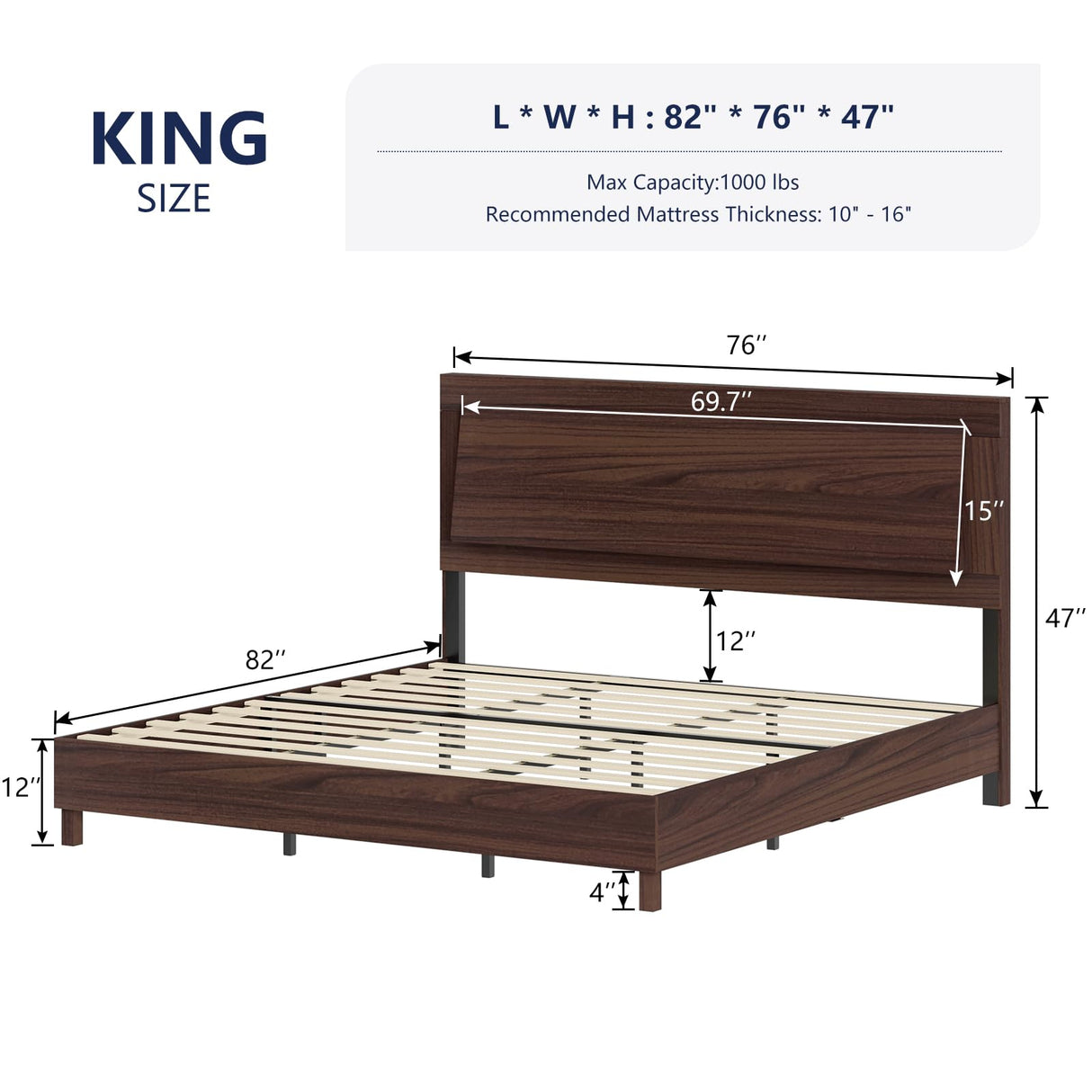 LUXOAK Mid-Century Modern King Size Wood Bed Frame with RGBW LED Light and Floating Headboard - Cherry LUXOAK