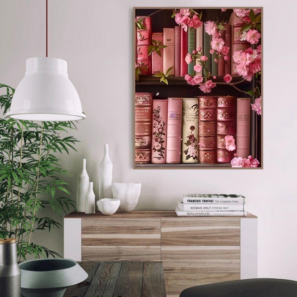 Books Paint by Numbers Kit for Adults,Bookshelf DIY Acrylic Painting Kit for Beginners Unframed,Flowers Easy Adult Paint by Number Kits on Canvas for Decor 16x20inch Canrichshop