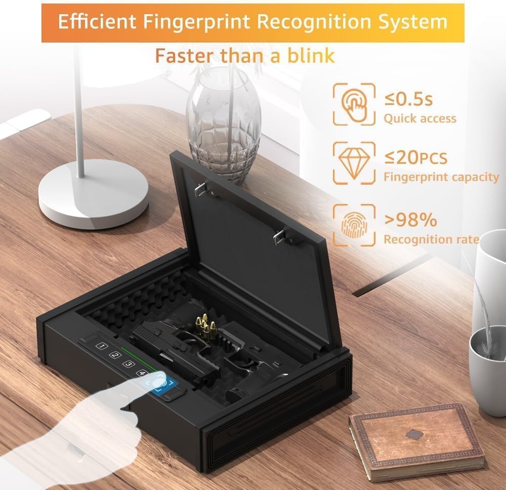 [ 30% Larger capacity ]Gun Safe for Pistols, Biometric Handgun Safe box, Mounted Handgun Safe Quick Access Security Safe with Fingerprint Keypad Lock for Home nightstand PATRON