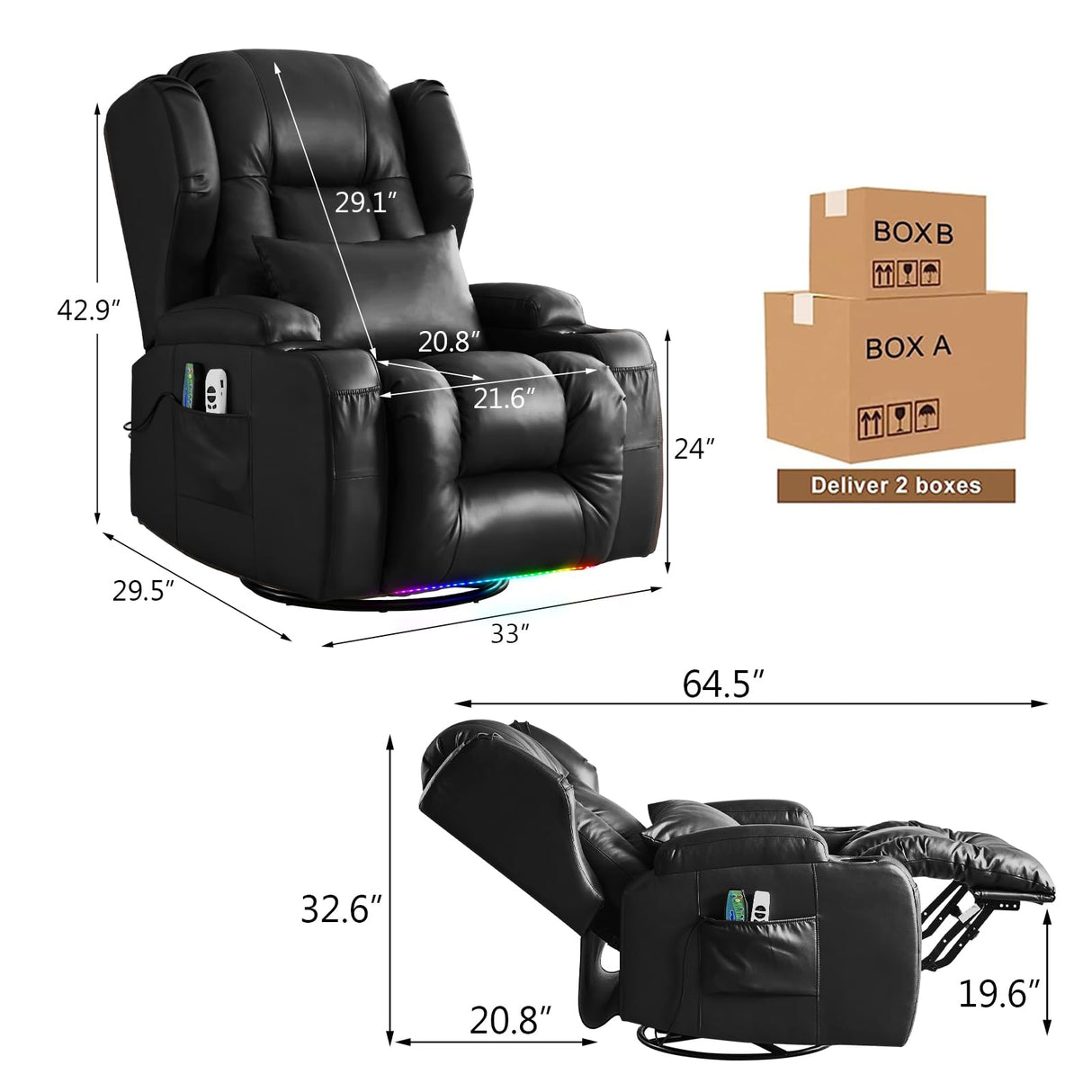 Oprisen Power Swivel Rocker Recliner Chair Home Theater Seating Electronic Glider Chair Upholstered Movie Gaming Reclining Sofa w/Heat Massage/LED Light/USB Port/Cup Holders/Pockets Oprisen