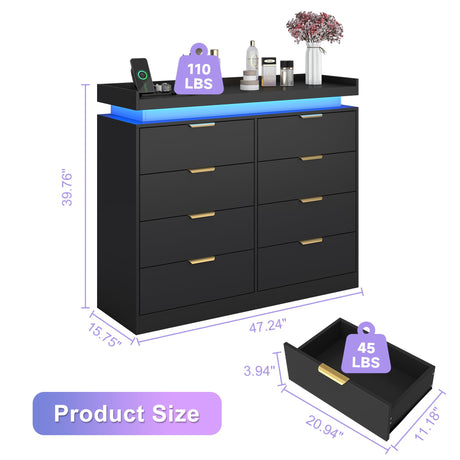 UNIQUITE 8 Drawer Dresser for Bedroom, Black Dresser with LED Lights and Power Outlet, Wooden Dressers Chests of Drawers, Double Wide Dressers for Bedroom, Entryway, Hallway UNIQUITE