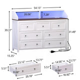 GlouMod White Dresser for Bedroom, 7 Drawer Dresser with LED Lights & Charging Station, Wood TV Stand Chest of Drawers Clothes Storage Organizer for Kids, Girls Bedroom, Closet, Hallway GlouMod