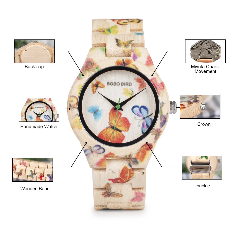 BOBO BIRD Women's Bamboo Watch Butterfly Engraved Handmade Wooden Casual Watches BOBO BIRD